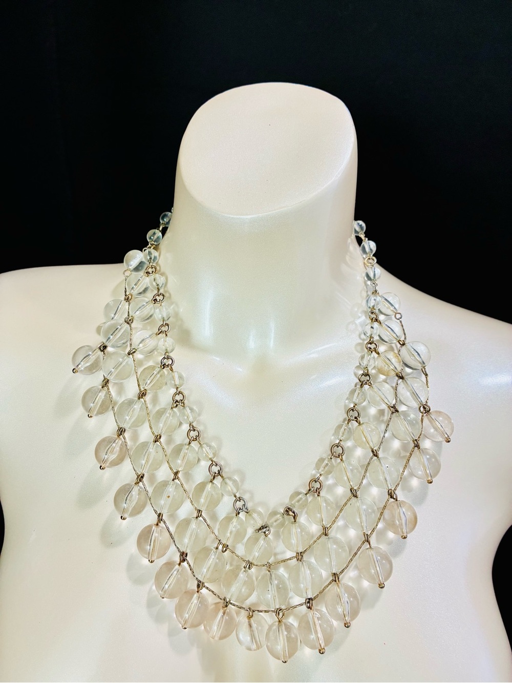 Bold Layered Clear Acrylic Lucite Bubble Beaded Statement Necklace
